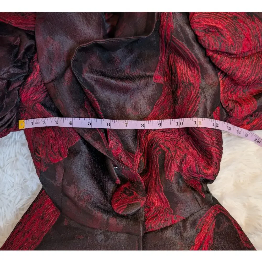 Vintage 80s Issabeau Girls Brocade Party Coat Dress Red Black Jacquard Fit Flare